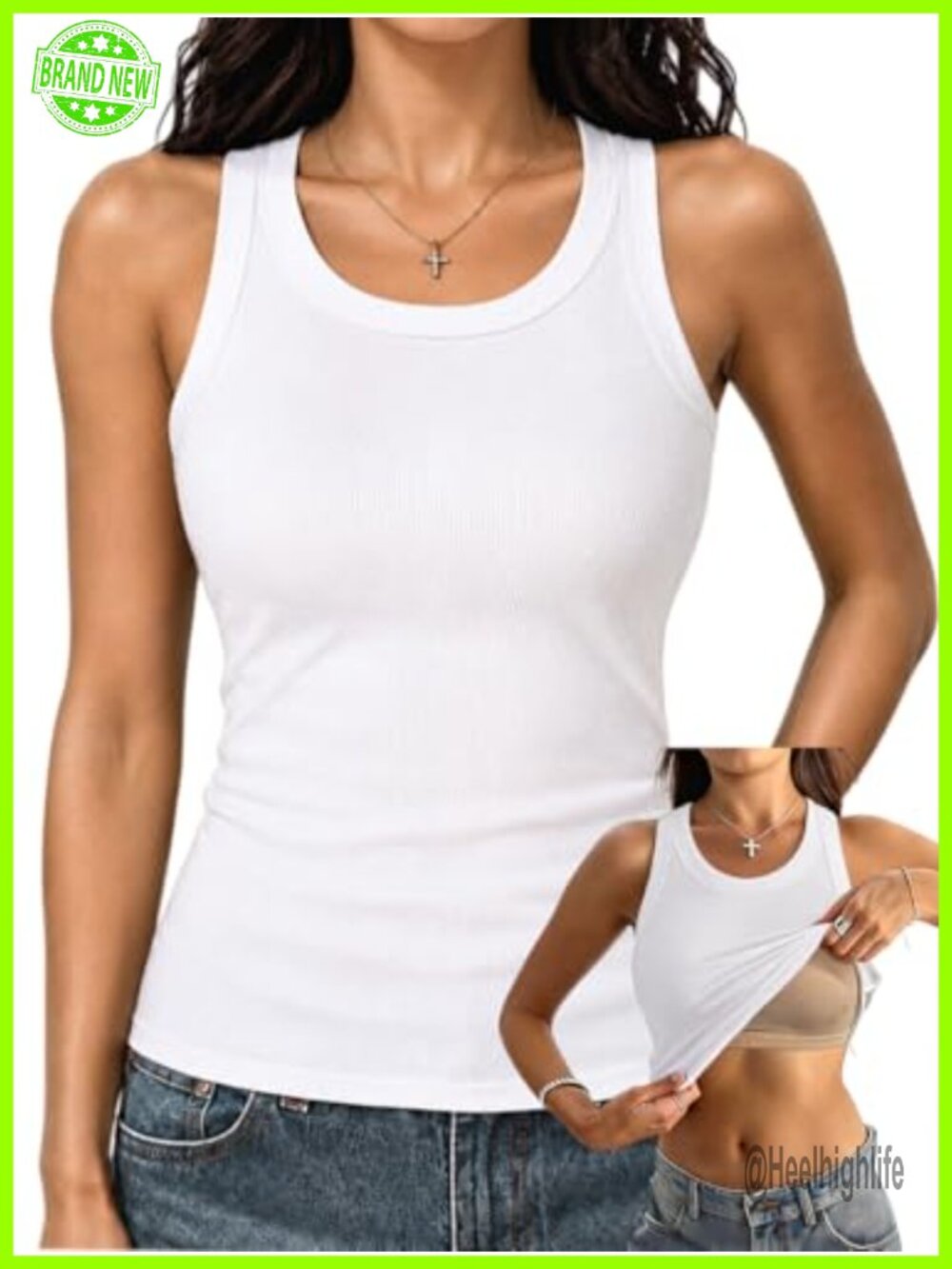 Racerback Tank Top with Built in Bra Removable Pads Cotton Rib Fitted